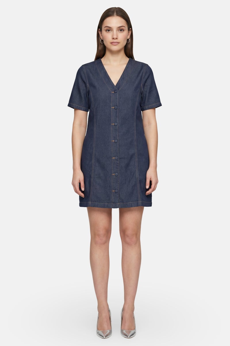Threadbare Women Solid Denim Mini Dress, Blue - Image 1