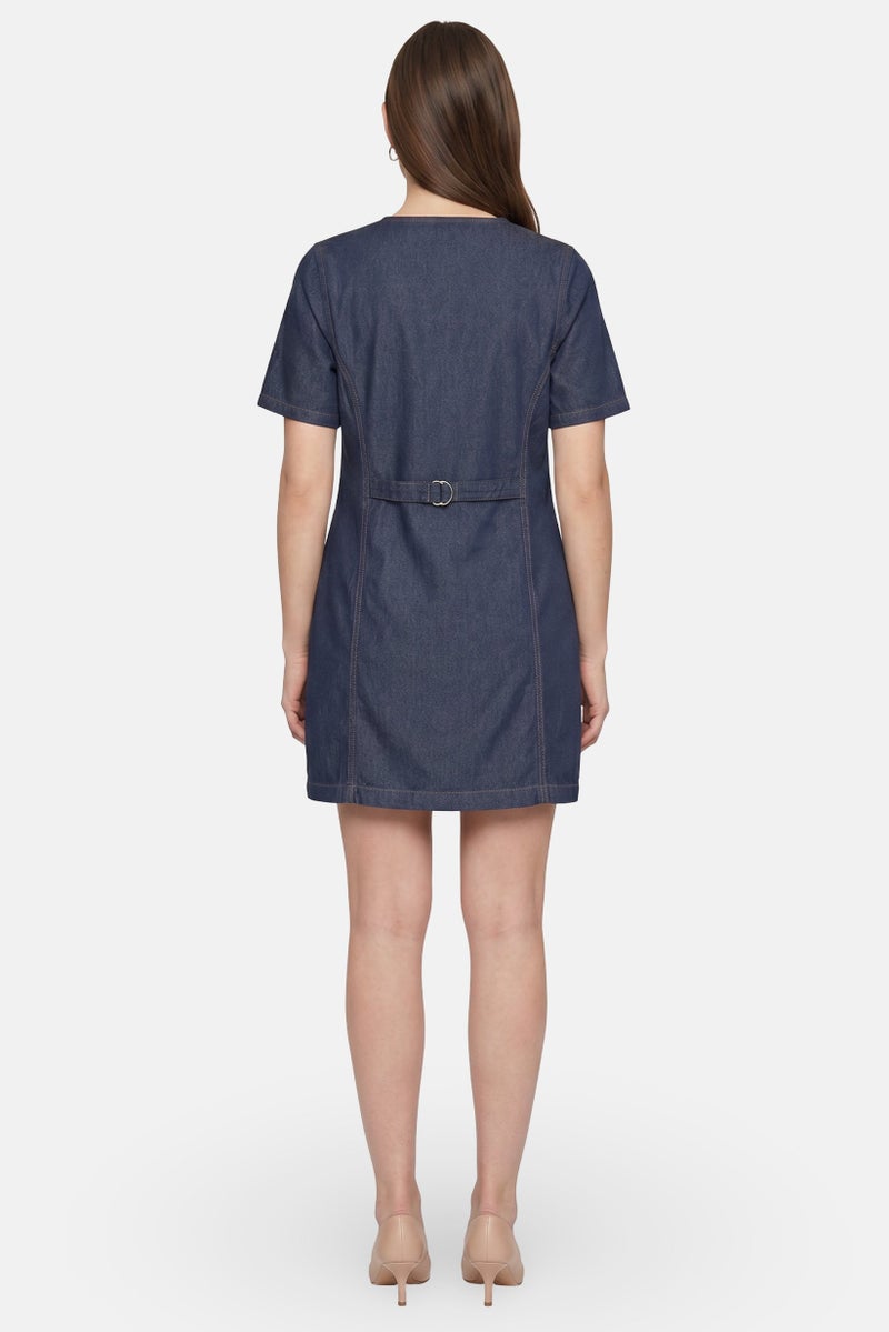 Threadbare Women Solid Denim Mini Dress, Blue - Image 4
