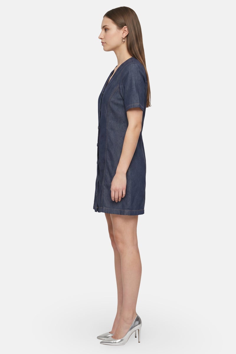 Threadbare Women Solid Denim Mini Dress, Blue - Image 3