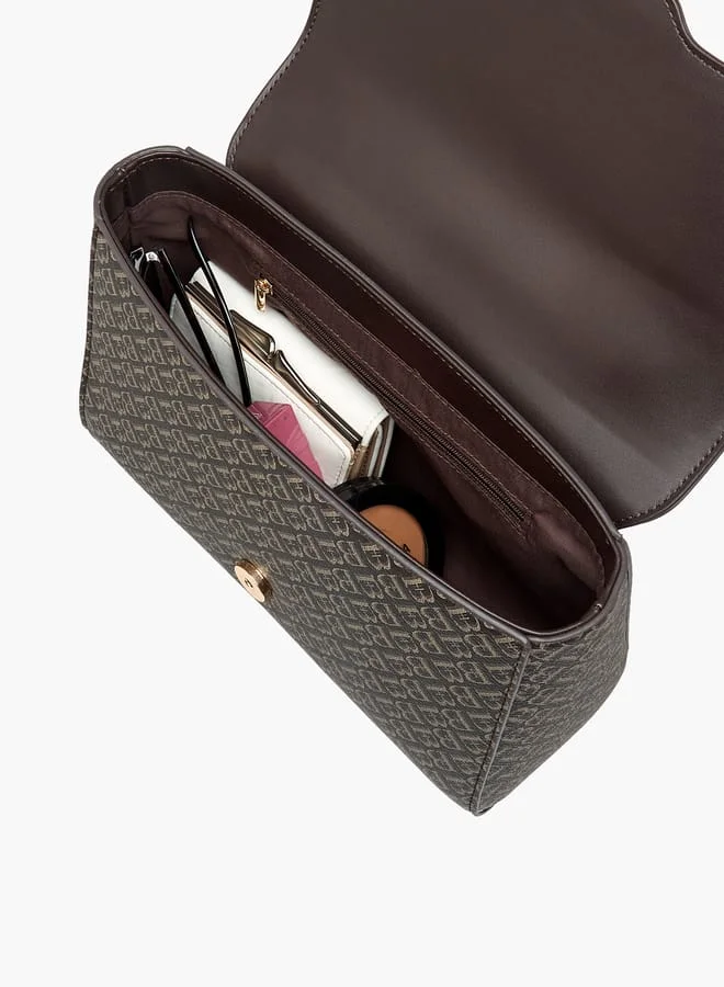 Flora Bella By Shoexpress Women Monogram Print Satchel Bag with Handle and Flap Closure