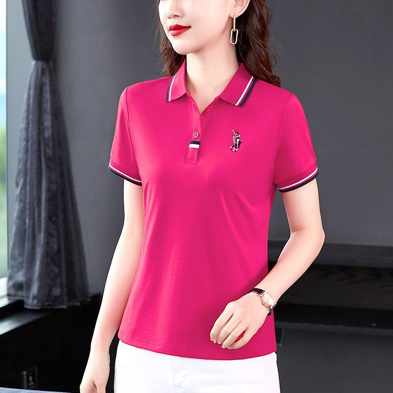 2022 New Summer Womens Collared Polo Tee Casual Loose Plus Size 261 Rose Red 