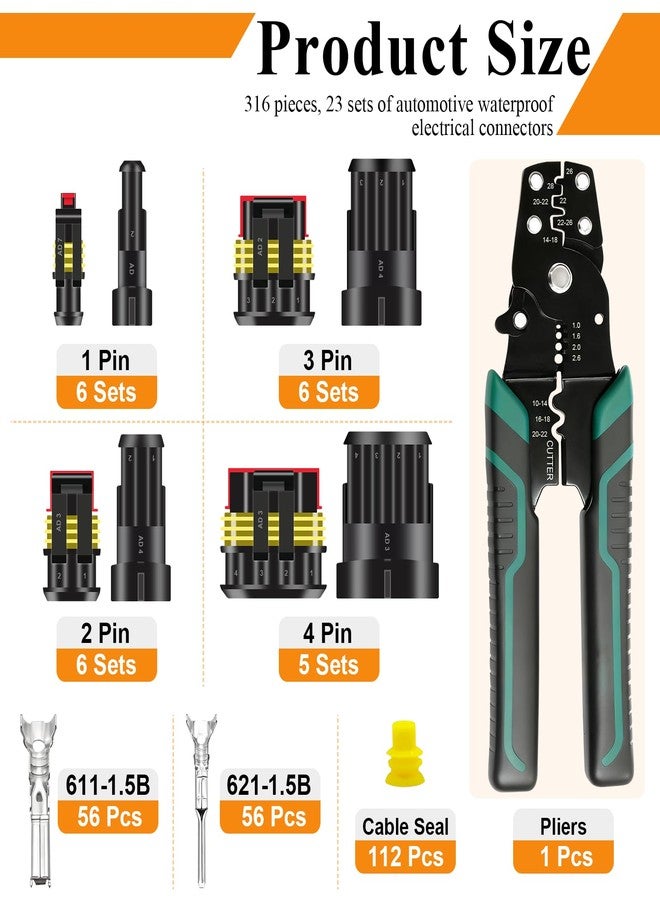maierke 316PCS 23 Sets Waterproof Automotive Car Electrical Connectors Waterproof Wire Connectors Automotive Replacement Ignition Plug Connectors 1/2/3/4 Pin with Crimper Pliers - Image 2