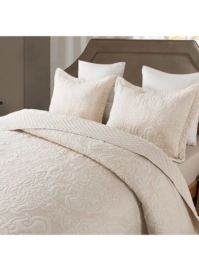 NEWLAKE Quilt Bedspread Set, Beige Jacquard Embossed Floral Pattern Reversible Embroidered Microfiber Coverlet Sets, Queen Size - Image 3