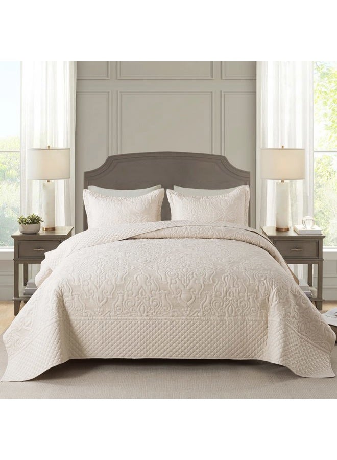 NEWLAKE Quilt Bedspread Set, Beige Jacquard Embossed Floral Pattern Reversible Embroidered Microfiber Coverlet Sets, Queen Size - Image 1