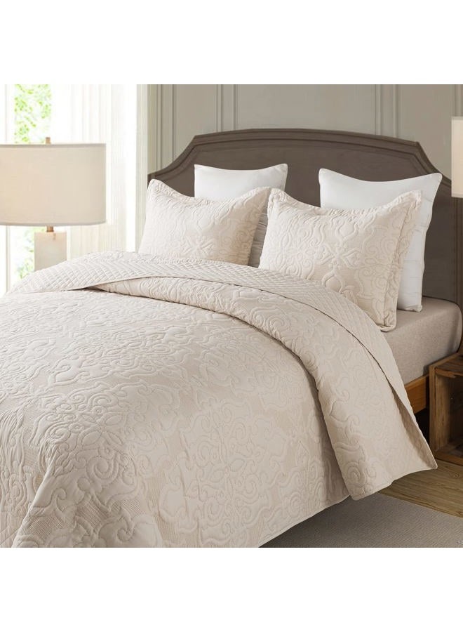 NEWLAKE Quilt Bedspread Set, Beige Jacquard Embossed Floral Pattern Reversible Embroidered Microfiber Coverlet Sets, Queen Size - Image 2