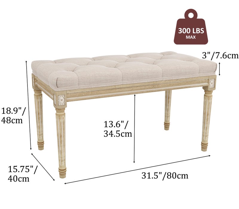 Yusong Upholstered Bench, Bedroom Bench for End of Bed, Piano Bench with Button Tufted Padded Seat for Living Room, Dining, Entryway, Shoe, Vanity Foot-Stool with Carved Wood Legs, Beige - Image 4