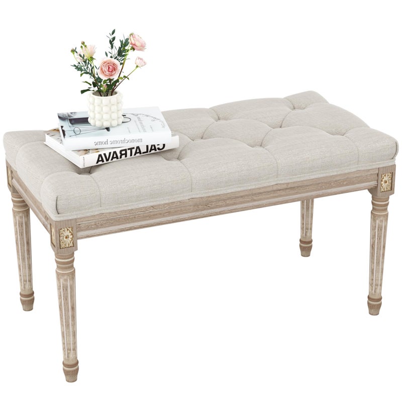 Yusong Upholstered Bench, Bedroom Bench for End of Bed, Piano Bench with Button Tufted Padded Seat for Living Room, Dining, Entryway, Shoe, Vanity Foot-Stool with Carved Wood Legs, Beige - Image 1