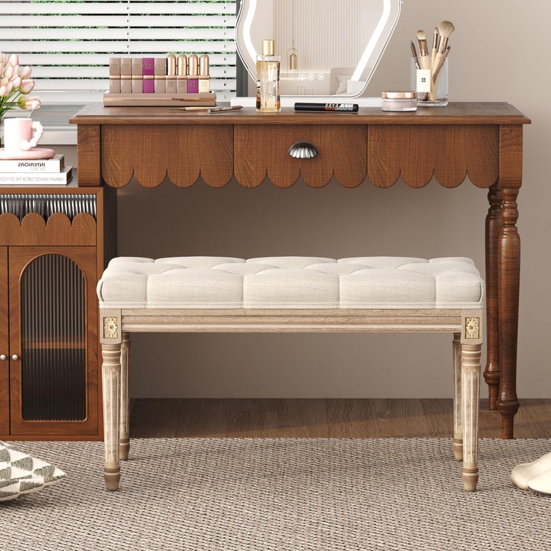 Yusong Upholstered Bench, Bedroom Bench for End of Bed, Piano Bench with Button Tufted Padded Seat for Living Room, Dining, Entryway, Shoe, Vanity Foot-Stool with Carved Wood Legs, Beige - Image 2