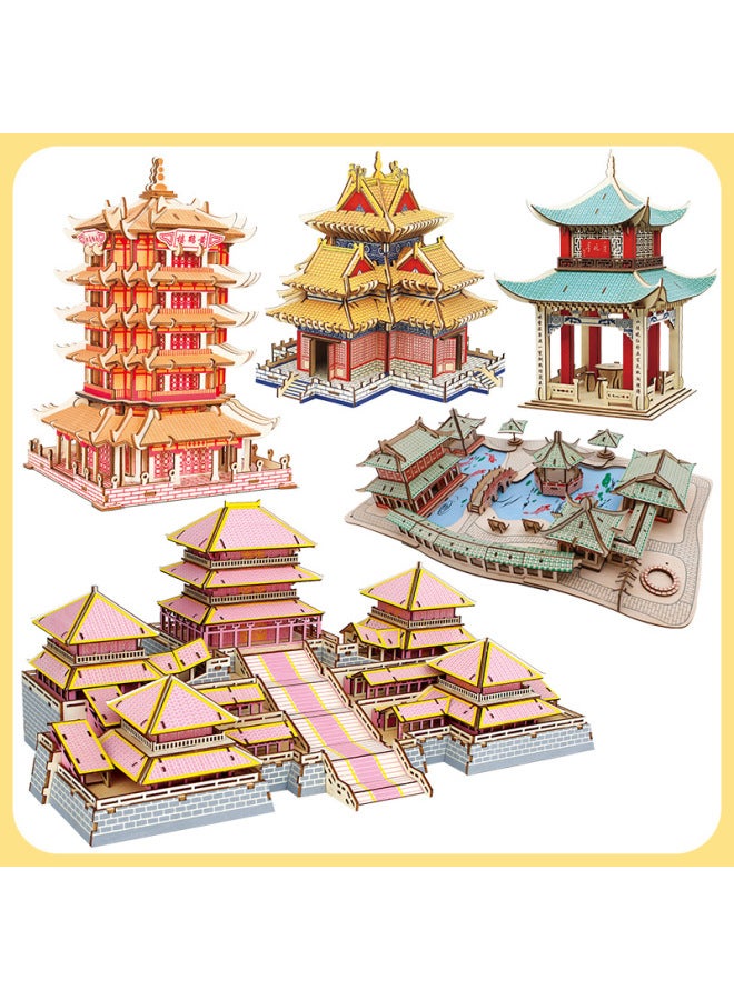 Wooden 3D Puzzle Chinese Ancient Building Model Toy Handmade Movable Material Stall Supply-Color:Dingdu Pavilion (laser Cutting-three-dimensional Diagram) - Image 2