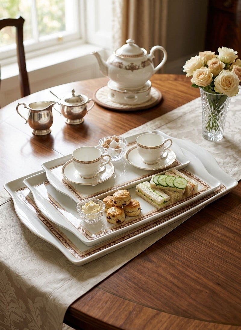 Trust 3-Piece Melamine Rectangular Serving Tray Set White with brown patterned border, Small Size 40cm, Medium Size 45cm, Large Size 50cm - Image 1