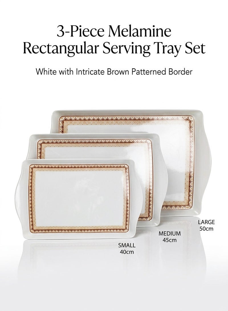 Trust 3-Piece Melamine Rectangular Serving Tray Set White with brown patterned border, Small Size 40cm, Medium Size 45cm, Large Size 50cm - Image 2