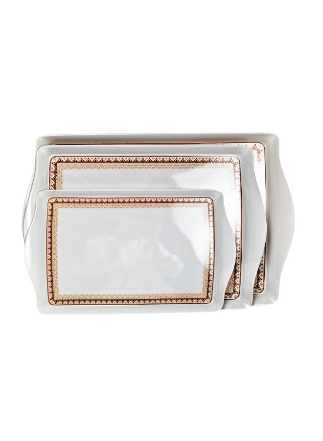 Trust 3-Piece Melamine Rectangular Serving Tray Set White with brown patterned border, Small Size 40cm, Medium Size 45cm, Large Size 50cm - Image 3