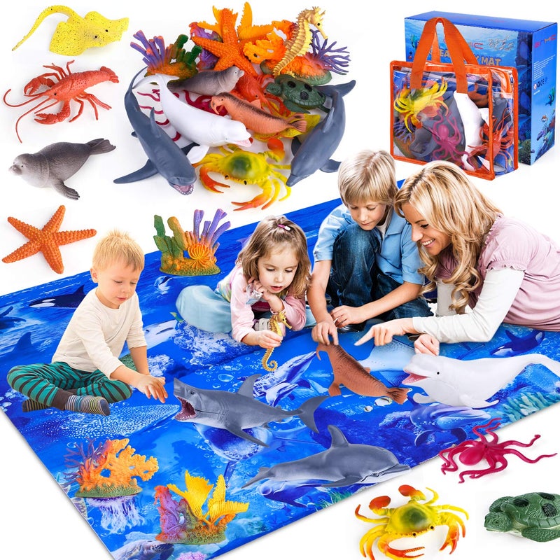 GINMIC Kids Ocean Animals Toys with Large Play Mat  18 Pack Assorted Realistic Sea Animal Toys with Carrier Bag Including Shark Whale Dolphin etc for Toddler Boys  Girls Ages 38 - Image 2