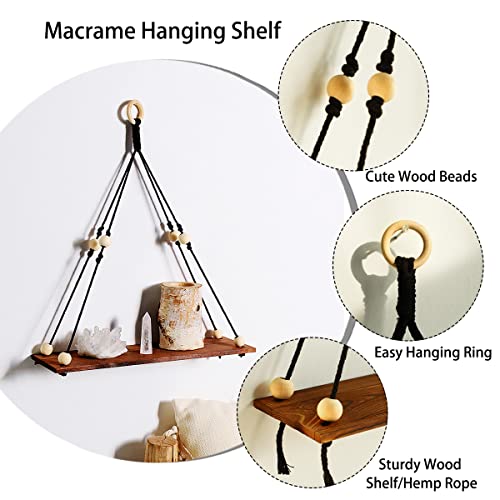 Artilady 2 Pack Wooden Wall Hanging Shelves - Macrame Hanging Plant Shelf Boho, Handmade Rustic Hanger Planter Rack Pot Stand Holder Storage Floating Shelves - Image 5