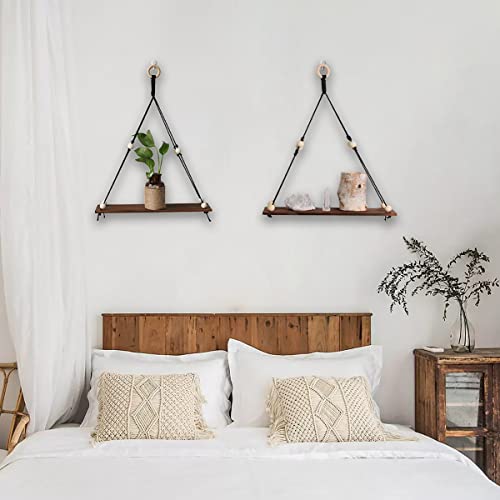 Artilady 2 Pack Wooden Wall Hanging Shelves - Macrame Hanging Plant Shelf Boho, Handmade Rustic Hanger Planter Rack Pot Stand Holder Storage Floating Shelves - Image 3