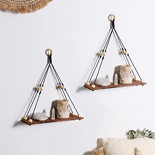 Artilady 2 Pack Wooden Wall Hanging Shelves - Macrame Hanging Plant Shelf Boho, Handmade Rustic Hanger Planter Rack Pot Stand Holder Storage Floating Shelves - Image 1