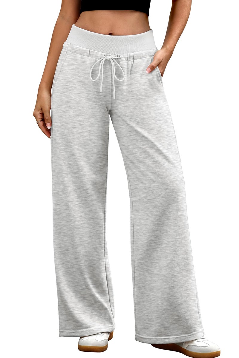 ELLEVEN Wide Leg Sweatpants Women Lounge Baggy Joggers Low Rise Y2K Sweat Pants Straight Leg Drawstring Fall Fashion Workout Athletic Pants with Pockets White Heather Medium - Image 1