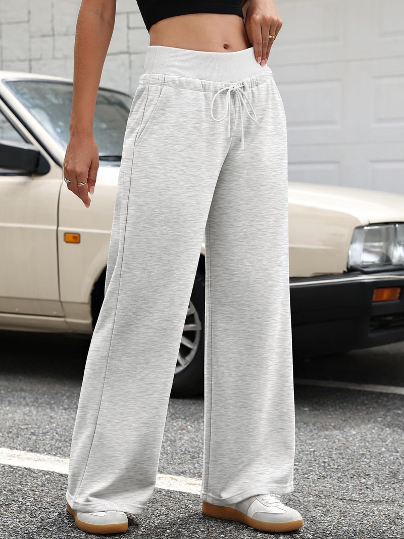 ELLEVEN Wide Leg Sweatpants Women Lounge Baggy Joggers Low Rise Y2K Sweat Pants Straight Leg Drawstring Fall Fashion Workout Athletic Pants with Pockets White Heather Medium - Image 3