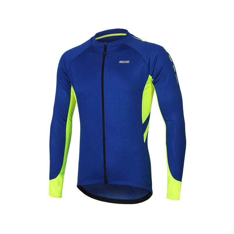 ARSUXEO Men's Full Zipper Long Sleeves Cycling Jersey Bicycle MTB Bike Shirt 6030 Blue Size XL - Image 1