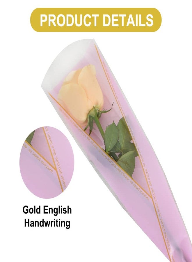 بيشيدا 100 قطعة غلاف بلاستيكي لتغليف وردة واحدة، تغليف زهور مفردة، أكمام زهور من السيلوفان لمستلزمات باقات الزهور، عيد الأم، عيد الحب (لون وردي وحروف ذهبية) - Image 2
