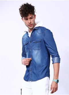 The Indian Garage Co Men Slim Fit Printed Full Sleeves Cutaway Collar Double Flap Pocket Street Wear Denim Shirt  - Image 3