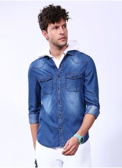 The Indian Garage Co Men Slim Fit Printed Full Sleeves Cutaway Collar Double Flap Pocket Street Wear Denim Shirt  - Image 1