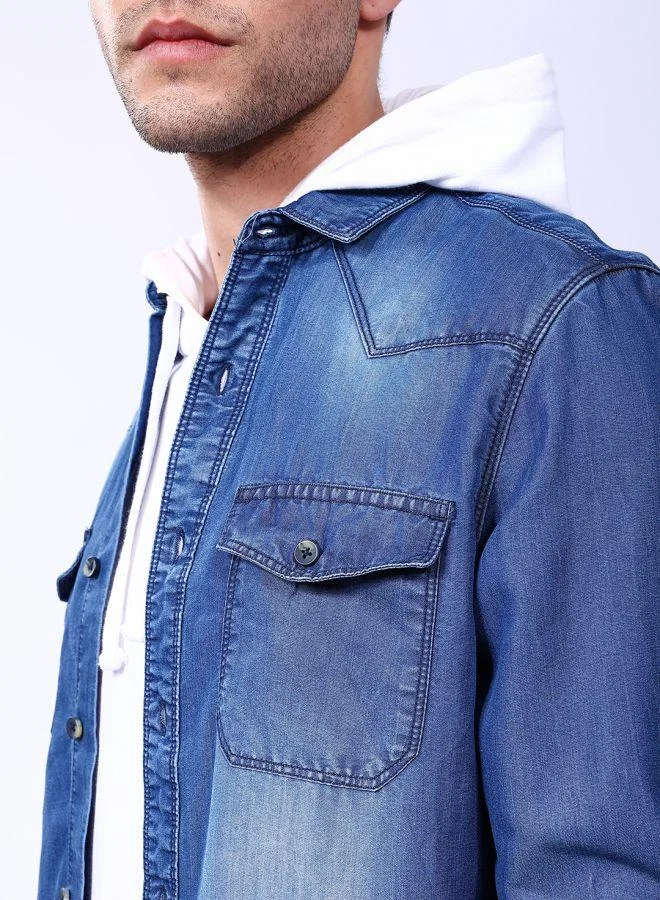 The Indian Garage Co Men Slim Fit Printed Full Sleeves Cutaway Collar Double Flap Pocket Street Wear Denim Shirt
