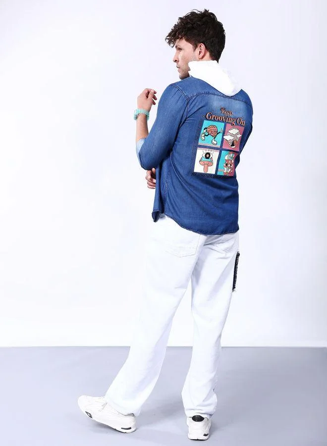 The Indian Garage Co Men Slim Fit Printed Full Sleeves Cutaway Collar Double Flap Pocket Street Wear Denim Shirt