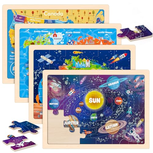 LACCHOUFEE Wooden Puzzles for Kids Age 3 4 5 Year Old 4 Pack 24 Pcs Toddler Jigsaw Puzzles for Girl Boy Geography Space Activities Preschool Learning Educational Birthday Gift Travel Autistic Wooden Toys - Image 1