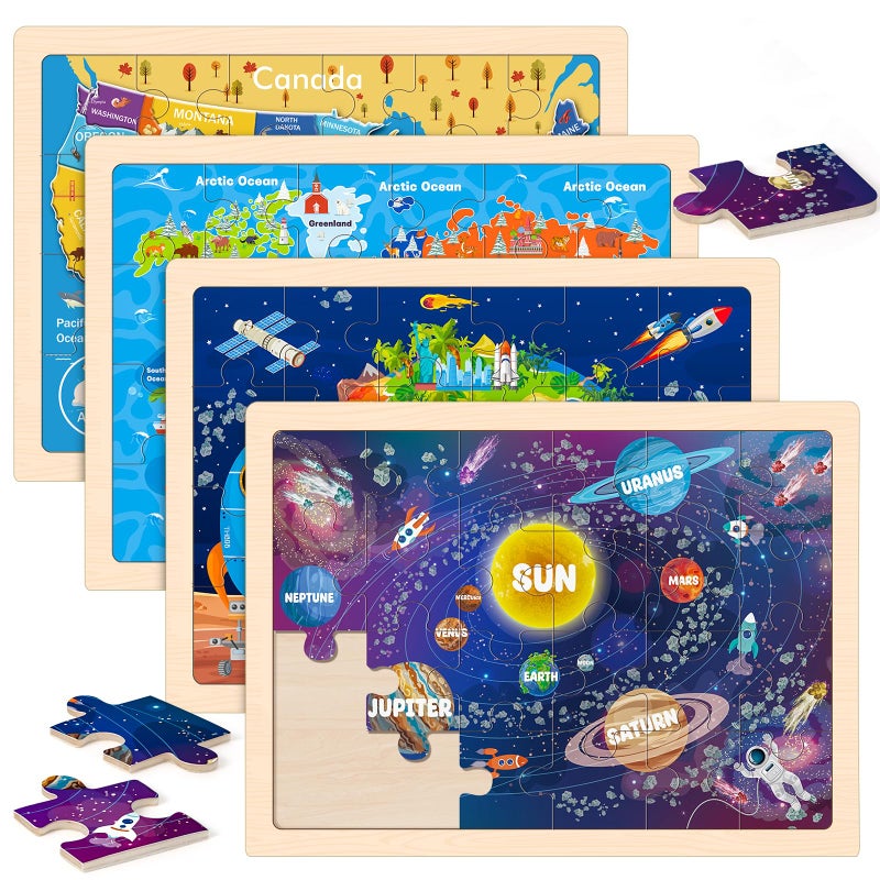 LACCHOUFEE Wooden Puzzles for Kids Age 3 4 5 Year Old 4 Pack 24 Pcs Toddler Jigsaw Puzzles for Girl Boy Geography Space Activities Preschool Learning Educational Birthday Gift Travel Autistic Wooden Toys - Image 3