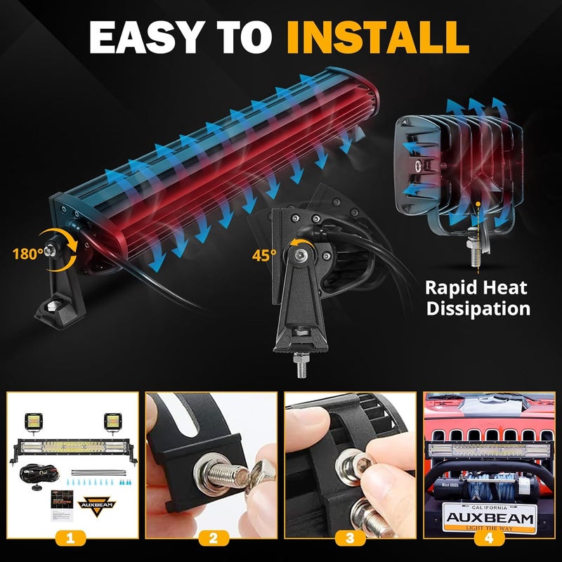 Auxbeam شريط إضاءة LED 22 بوصة 120 واط 2 قطعة 3 بوصة 96 واط مصابيح LED، ضوء ضباب أبيض كهرماني 6 أوضاع أضواء وميض لشاحنة العمل، مجموعة أضواء قيادة على الطرق الوعرة لجيب ATV UTV سيارة - Image 5