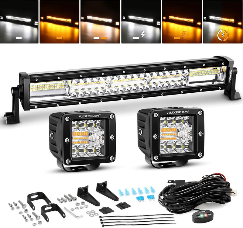 Auxbeam شريط إضاءة LED 22 بوصة 120 واط 2 قطعة 3 بوصة 96 واط مصابيح LED، ضوء ضباب أبيض كهرماني 6 أوضاع أضواء وميض لشاحنة العمل، مجموعة أضواء قيادة على الطرق الوعرة لجيب ATV UTV سيارة - Image 1