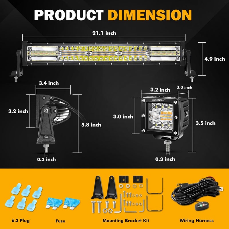 Auxbeam شريط إضاءة LED 22 بوصة 120 واط 2 قطعة 3 بوصة 96 واط مصابيح LED، ضوء ضباب أبيض كهرماني 6 أوضاع أضواء وميض لشاحنة العمل، مجموعة أضواء قيادة على الطرق الوعرة لجيب ATV UTV سيارة - Image 3