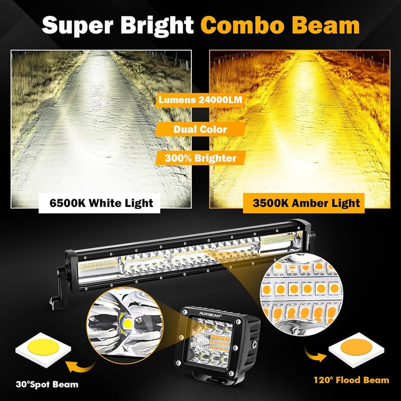 Auxbeam شريط إضاءة LED 22 بوصة 120 واط 2 قطعة 3 بوصة 96 واط مصابيح LED، ضوء ضباب أبيض كهرماني 6 أوضاع أضواء وميض لشاحنة العمل، مجموعة أضواء قيادة على الطرق الوعرة لجيب ATV UTV سيارة - Image 4