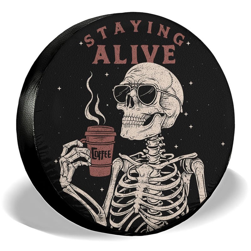 GENANY Staying Alive Skeleton PVC Leather Halloween Spare Tire Cover Universal Fit for Jeep RV Trailer Camper Size 15 Halloween Car Decor