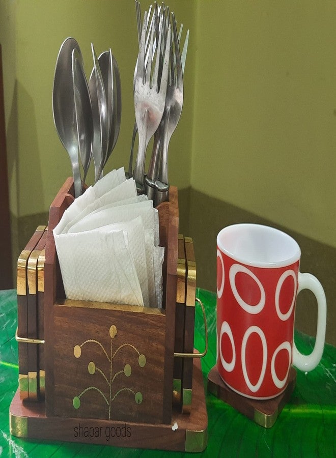 SHAPAR GOODS طقم قواعد أكواب خشبية من SHAPAR GOODS®، متعدد الاستخدامات: حامل مناديل/حامل جوال/حامل بطاقات عمل/حامل ملاعق/ طقم قواعد أكواب مكون من 6 قطع مع حامل ملاعق، مقاس كل قاعدة أكواب: 15 × 8 × 10 سم، مقاس كل قاعدة أكواب: 5 × 6 × 1 سم - Image 4
