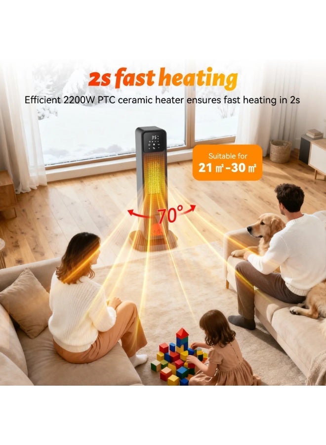 MOCOM 2200W Ceramic Tower Space Heater with 3D Flame Effect | Fast Heating Electric Tower Heater with Thermostat (20°C–45°C), Digital Display, Remote, 12H Timer, Ultra-Quiet, 120° Oscillation, Child Lock & Safety Protection | For Bedroom, Office & Living Room (24”, Black) - Image 5