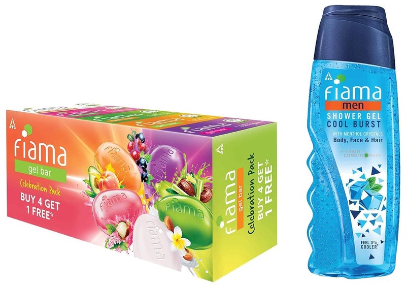 Fiama Gel Bar Celebration Pack 125g Soap Buy 4 Get 1 Free Fiama Men Shower Gel Cool Burst Body Wash With Skin Conditioners For Moisturised Skin 250ml Bottle - Image 1