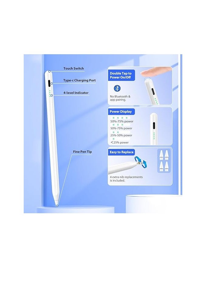 قلم ستايلس لجهاز iPad، قلم iPad سريع الشحن مع خاصية رفض راحة اليد ودقة الإمالة لجهاز Apple iPad Pro 11&12.9 بوصة 2018-2023، iPad 10/9/8/7/الجيل السادس، iPad Air 3/4/5، iPad Mini 5/الجيل السادس، أبيض  - Image 2