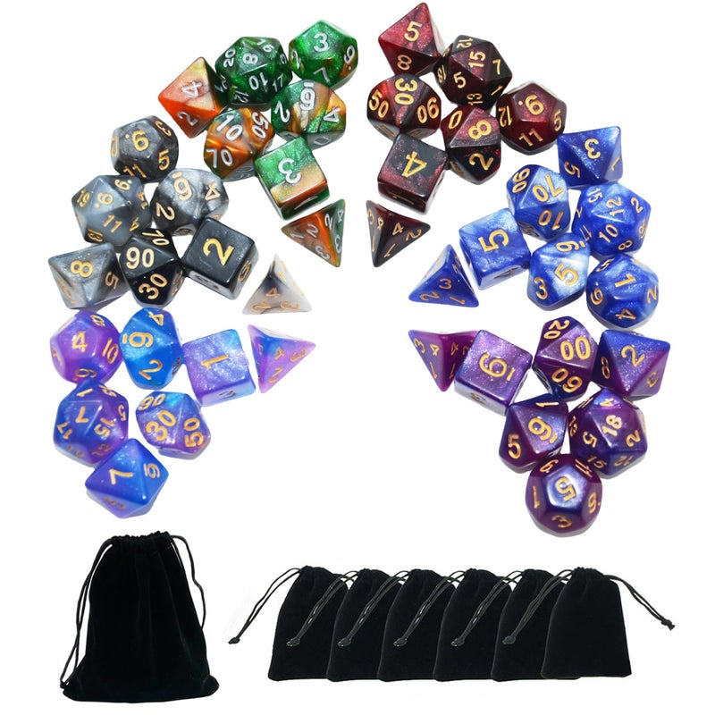 SmartDealsPro 6 x 7 Sets 42 pcs Glitter Polyhedral Dice Sets with Pouches for DND RPG MTG Dungeon and Dragons Table Board Roll Playing Games D4 D8 D10 D12 D20 Color 2 - Image 3