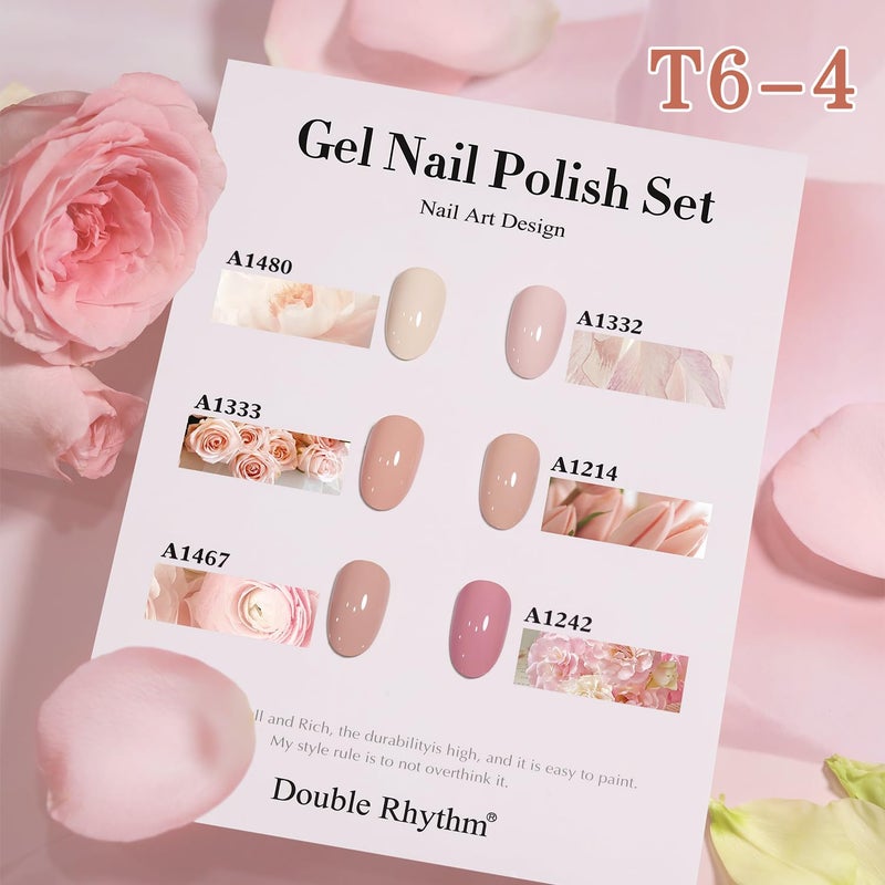 Double Rhythm 6 Pcs 15 ML Gel Polish Set Same Color Same Bottle Soak Off Gel Polish Kit Nail Art Manicure Salon DIY at Home for Women (Light Beige Nude Pink Neutral Rose-T6-4) - Image 4