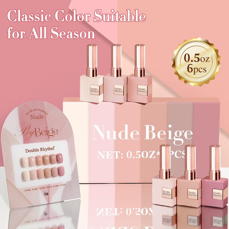 Double Rhythm 6 Pcs 15 ML Gel Polish Set Same Color Same Bottle Soak Off Gel Polish Kit Nail Art Manicure Salon DIY at Home for Women (Light Beige Nude Pink Neutral Rose-T6-4) - Image 5