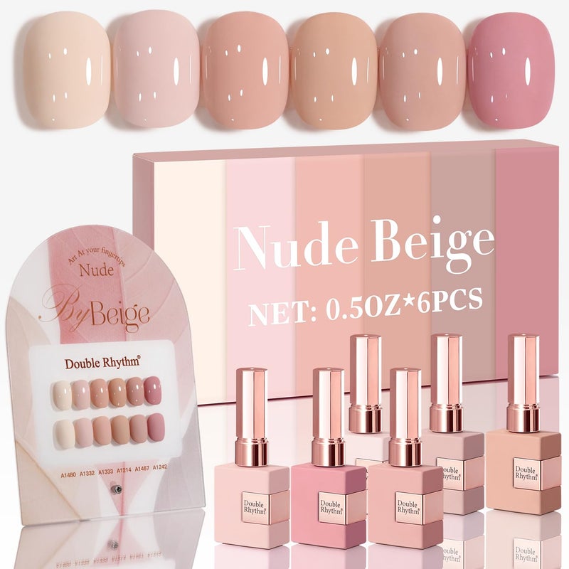 Double Rhythm 6 Pcs 15 ML Gel Polish Set Same Color Same Bottle Soak Off Gel Polish Kit Nail Art Manicure Salon DIY at Home for Women (Light Beige Nude Pink Neutral Rose-T6-4) - Image 1