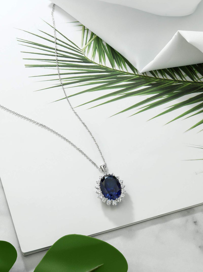 Gem Stone King 13.00 Cttw Blue Simulated Sapphire Pendant Necklace For Women | 925 Sterling Silver | Oval 13X18MM | Fine Jewelry Gifts for Her Mom Women Wife | With 18 Inch Silver Chain - Image 5