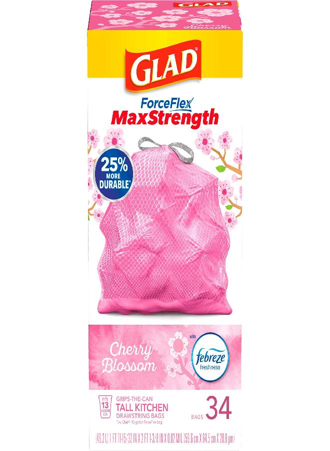 Glad ForceFlex MaxStrength Tall Kitchen Drawstring Trash Bags, 13 Gallon, Cherry Blossom with Febreze Freshness, 34 Count - Image 3