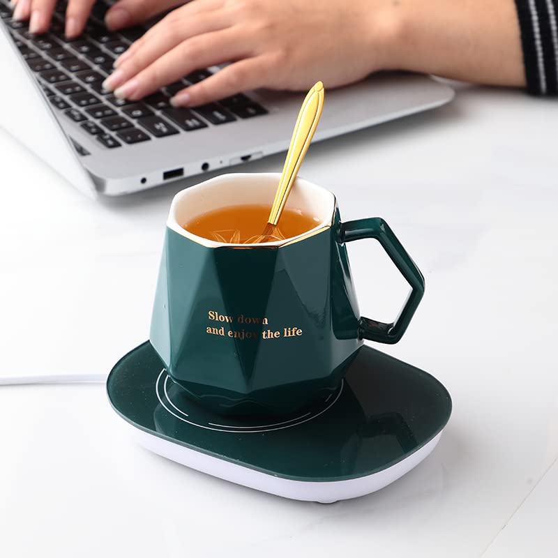 CGHWBEA Coffee Warmer for Desk, with Mug Set. Cup Warmer Tea Warmer, Electric Beverage Warmer, Drink Warmer for Cocoa, Tea, Milk Gifts for Father's Day, Mr and Mrs Wedding Gift, Engagement Gift(Green) - Image 2