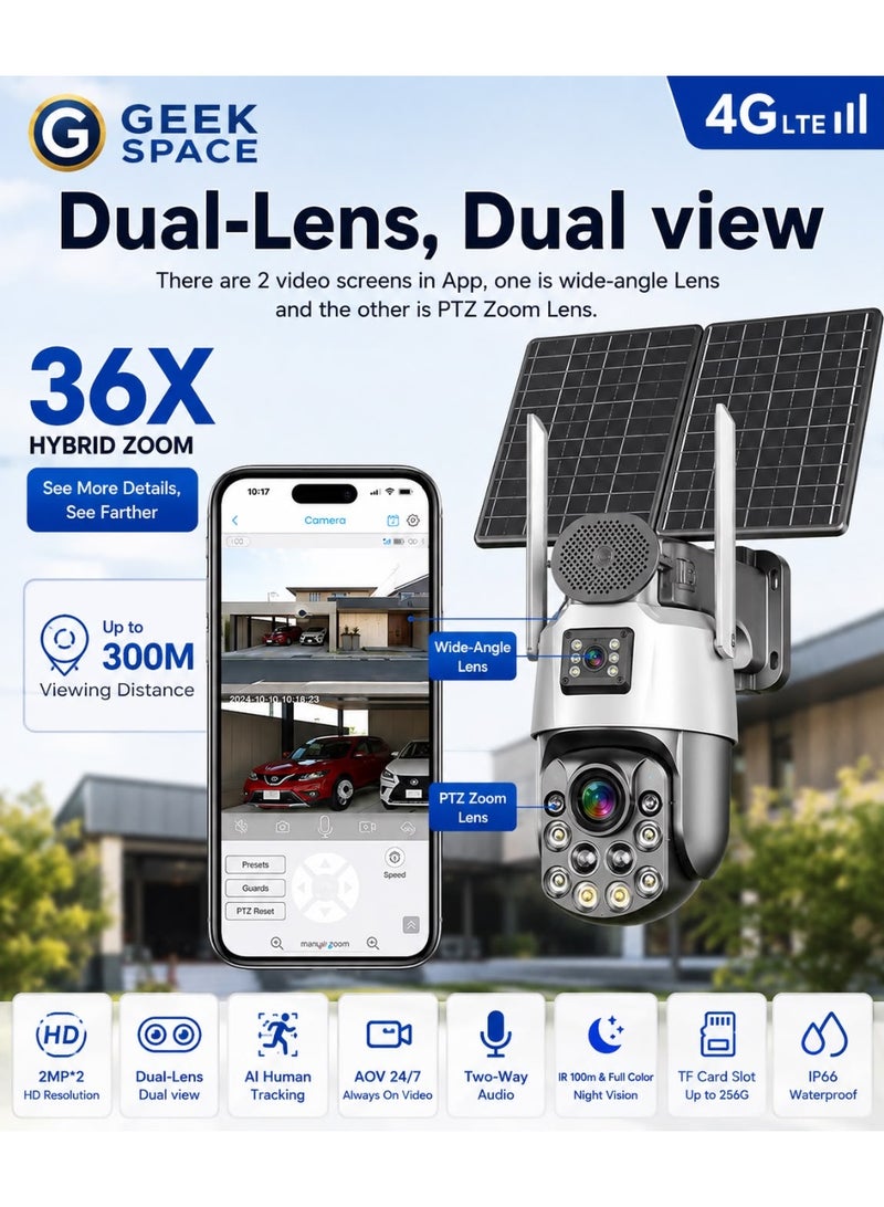 GEEK SPACE 4G LTE Solar PTZ Security Camera with 36X Hybrid Zoom, Dual Lens, eSIM, Outdoor Wireless IP66 CCTV Surveillance Camera, AI Human Tracking, Full Color Night Vision, Two-Way Audio, 360° Pan Tilt, Remote App Control, Smart Home & Business Security Camera - Image 5