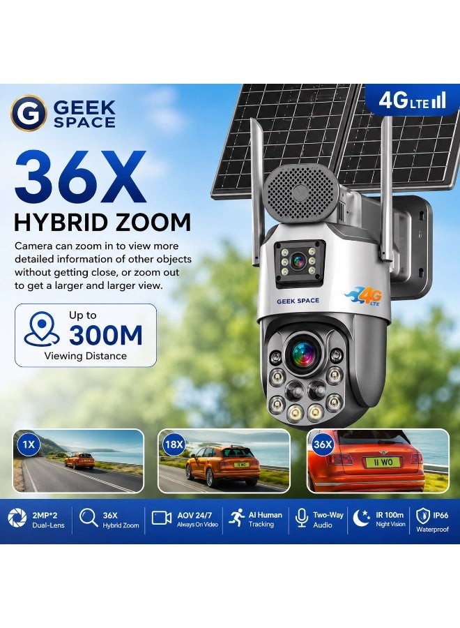 GEEK SPACE 4G LTE Solar PTZ Security Camera with 36X Hybrid Zoom, Dual Lens, eSIM, Outdoor Wireless IP66 CCTV Surveillance Camera, AI Human Tracking, Full Color Night Vision, Two-Way Audio, 360° Pan Tilt, Remote App Control, Smart Home & Business Security Camera - Image 1
