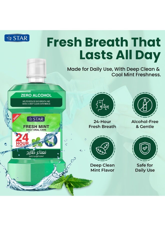 SZ Star Fresh Mouthwash – Fresh Mint Flavour for Long-Lasting Fresh Breath & Oral Hygiene | Fights Bad Breath, Plaque & Bacteria | Gentle & Alcohol-Free | Daily Use for Sensitive Mouths | 266ml - Image 2