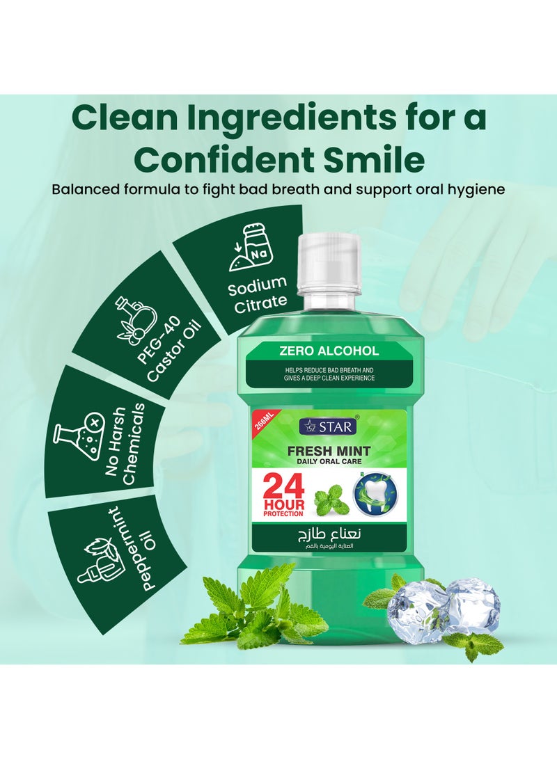 SZ Star Fresh Mouthwash – Fresh Mint Flavour for Long-Lasting Fresh Breath & Oral Hygiene | Fights Bad Breath, Plaque & Bacteria | Gentle & Alcohol-Free | Daily Use for Sensitive Mouths | 266ml - Image 3